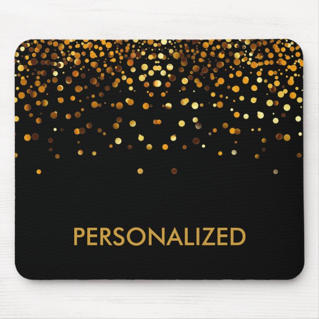 Mousepad Preto, Dourado, Confetti Faux Personalizado (Frente)