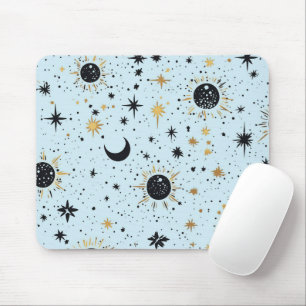Mousepad Preto, Dourado e Azul Sol Lua Estrelas Celestiais