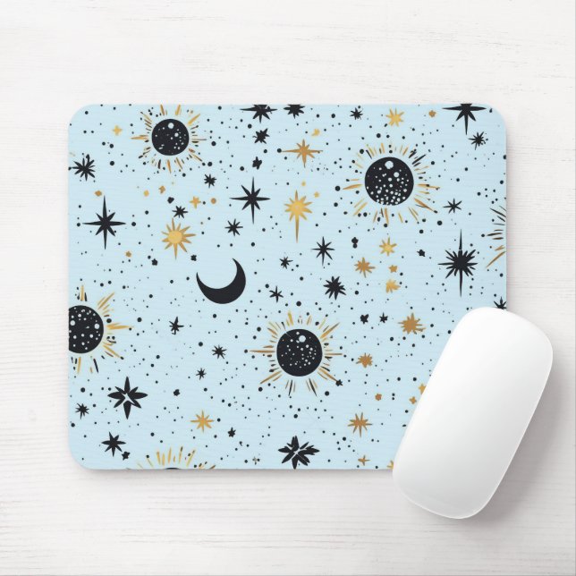 Mousepad Preto, Dourado e Azul Sol Lua Estrelas Celestiais (Com mouse)