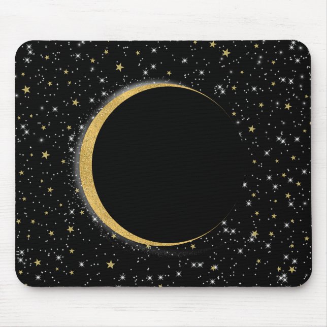 Mousepad Preto & Dourado Lua Mágica Celestial Estrelas Luna (Frente)