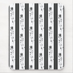 Mousepad Preto e branco cinza listrado vintage com rosas