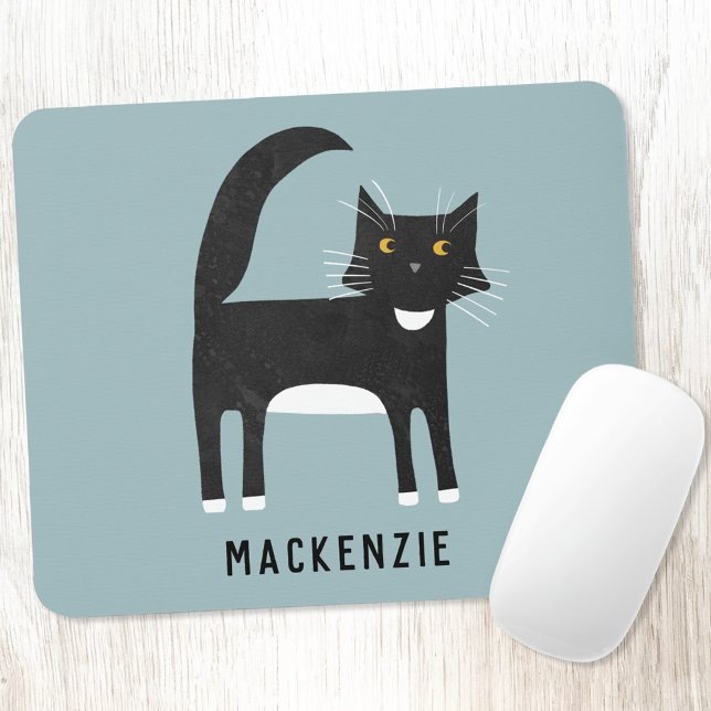Mousepad Preto e Branco Personalizado (Black and white tuxedo cat personalized name mousemat)