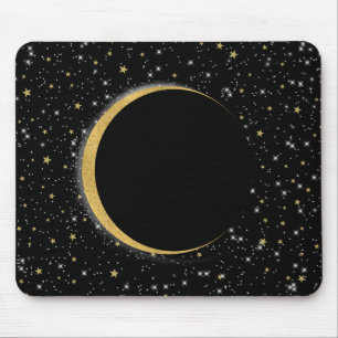 Mousepad Preto e Dourado Lua Celestial Magia Estrelas Lunar