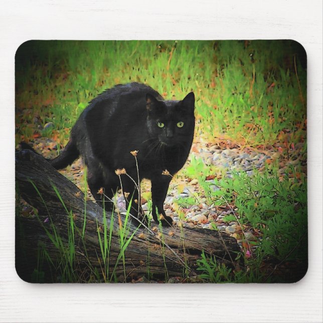 Mousepad Preto no gato preto arqueado verde (Frente)