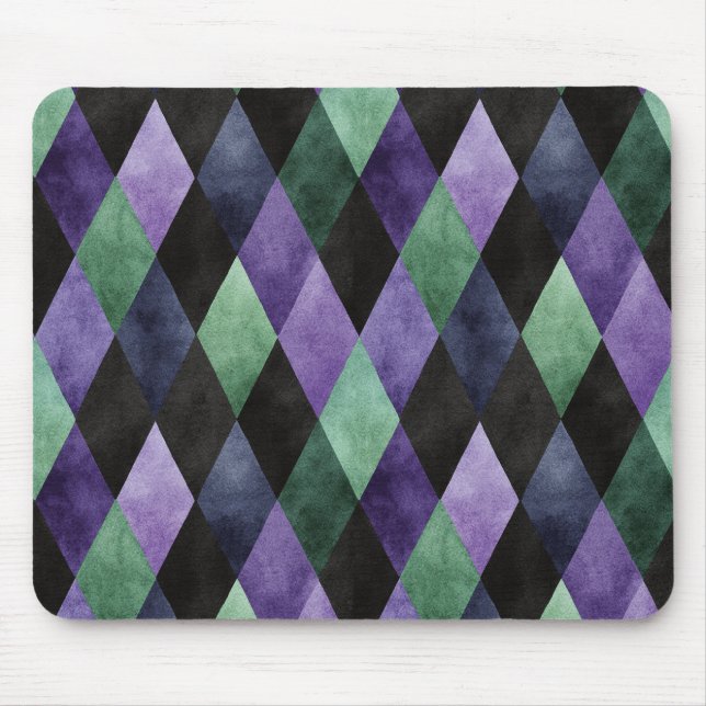 Mousepad Preto Verde Roxo Forma de Diamante Abstrato (Frente)