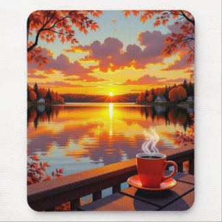 Mousepad Pretty Lake Side View of a Sunrise and Warm Coffee