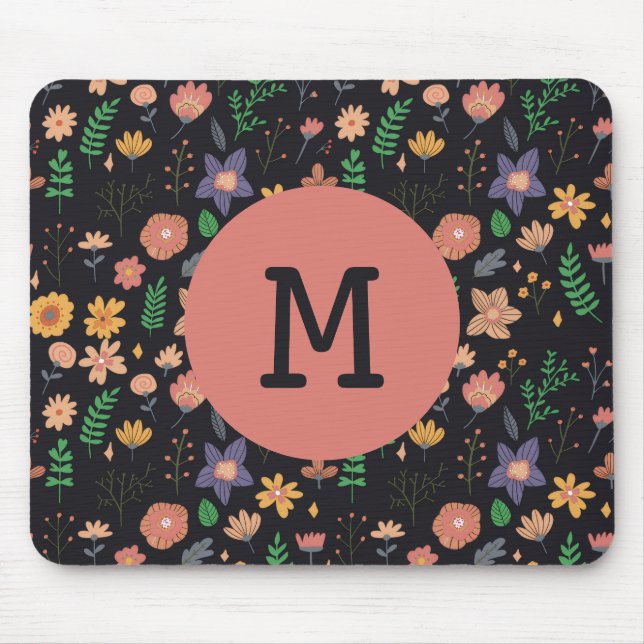 Mousepad Pretty Modern Dark Floral Pattern Monogram (Frente)