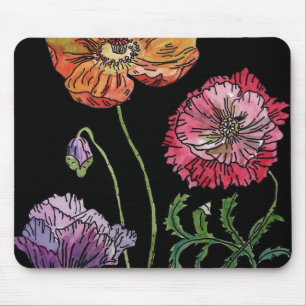 Mousepad Pretty Poppies on Black Watercolour Painting