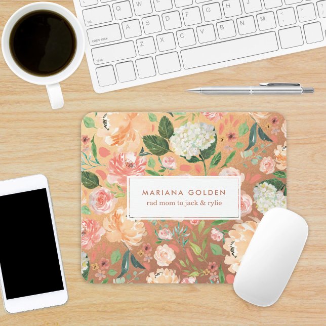 Mousepad Primavera Blush Peach Watercolor Floral Dourado Pe (Criador carregado)