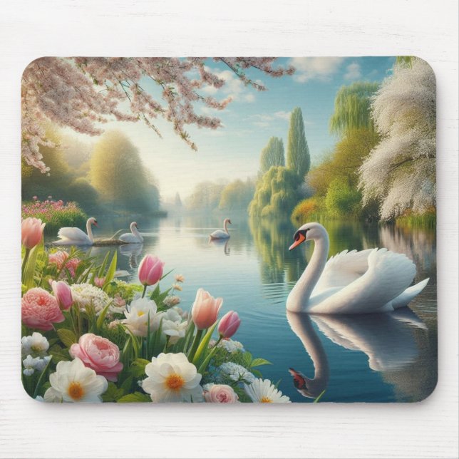 Mousepad Primavera do lago de swan floral (Frente)