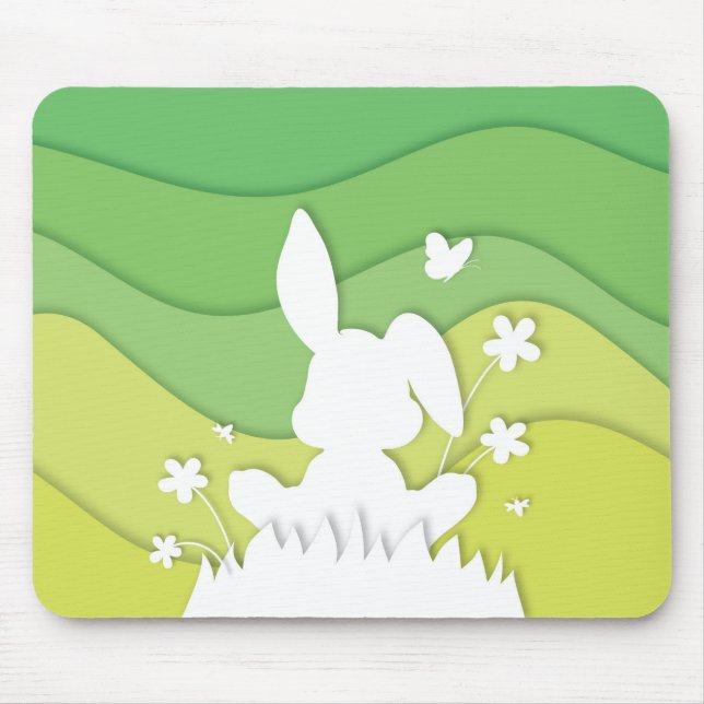 Mousepad Primavera paisagem, coelho de páscoa sobre grama (Frente)