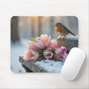 Mousepad Primavera Tulips e Robin em um banco