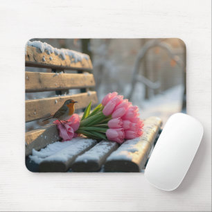 Mousepad Primavera Tulips e Robin em um banco de neve