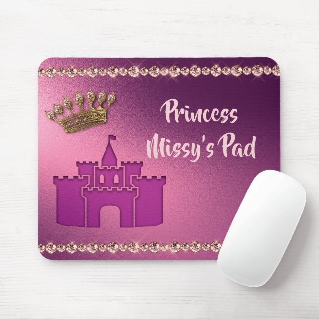 Mousepad Princesa com Castelo, Coroa e Joias Personalizam (Com mouse)