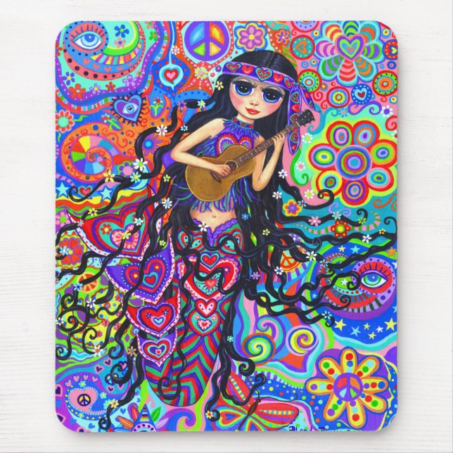 Mousepad Psicodélica Hippie Mermaid Girl tocando violão (Frente)