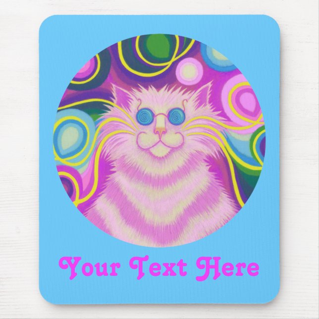 Mousepad Psy-cat-delic rosa redondo 'O seu texto' (Frente)