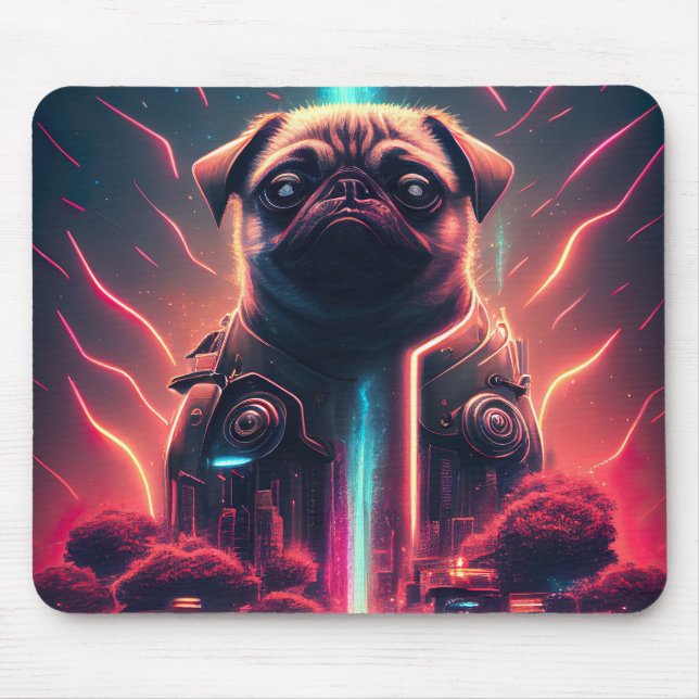 Mousepad Pug Adorável no Figurino Robô Futurístico (Frente)