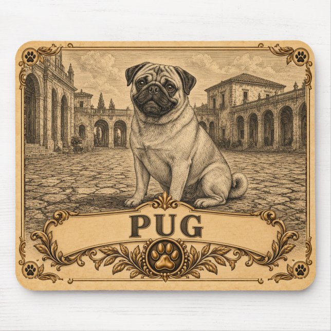 Mousepad Pug, Cachorro Clássico Vintage (Frente)