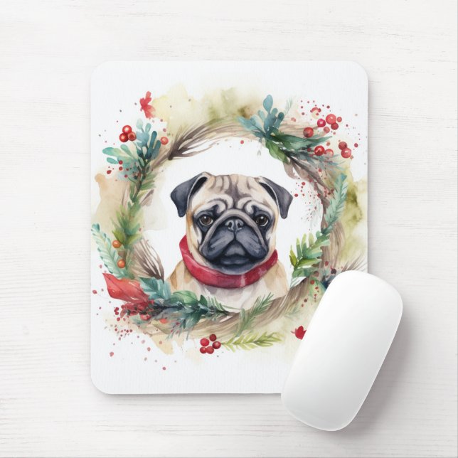 Mousepad Pug Christmas Wreath Festivo Pup (Com mouse)