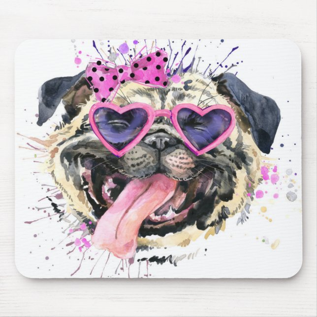 Mousepad Pug cor-de-rosa bonito da aguarela (Frente)