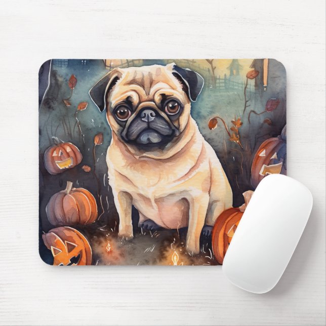 Mousepad Pug de Halloween com Abóboras Assustadoras (Com mouse)