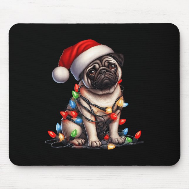 Mousepad Pug Dog Christmas Lights Santa Hat Dog Lover  (Frente)