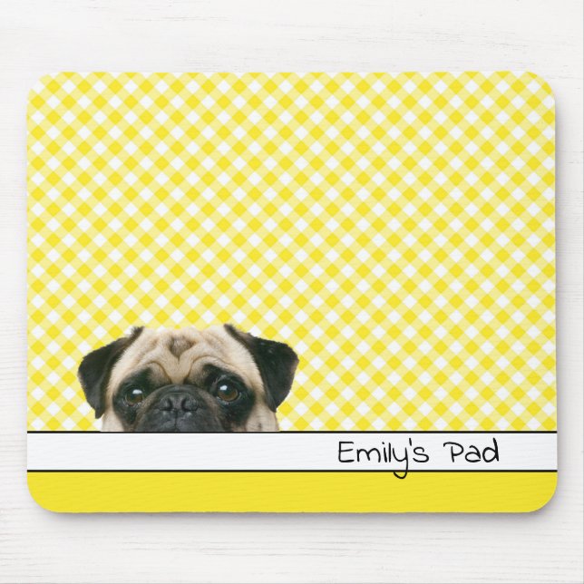 Mousepad Pug Dog em Yellow Gingham (Frente)