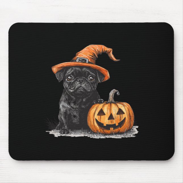 Mousepad Pug Negro Com Chapéu De Bruxa E Pug De Abóbora (Frente)