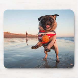 Mousepad Pug Playing Ball on Beach
