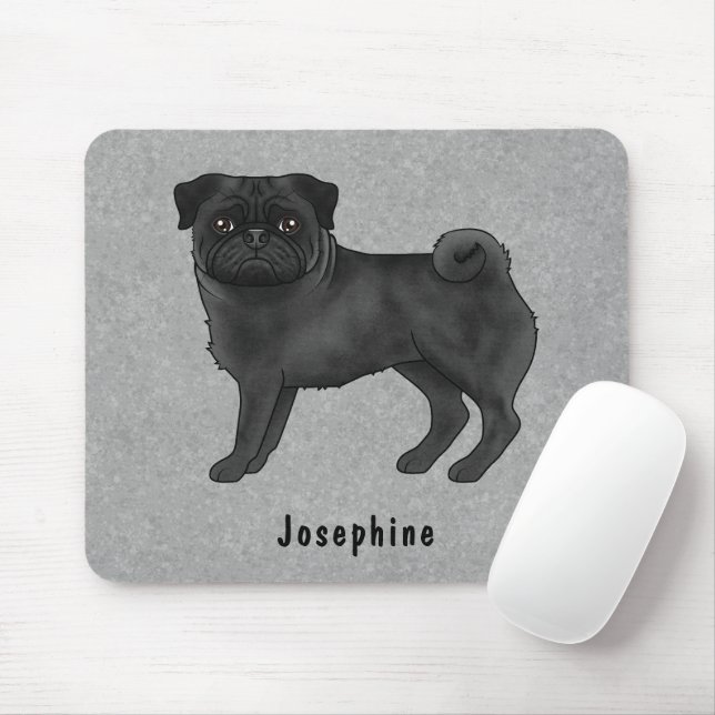 Mousepad Pug Preto Fofo Cachorro Cartoon Com Nome Personali (Com mouse)