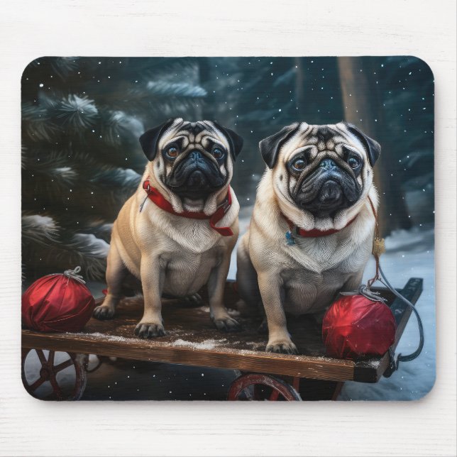 Mousepad Pug Snowy Sleigh Decoração de Natal (Frente)