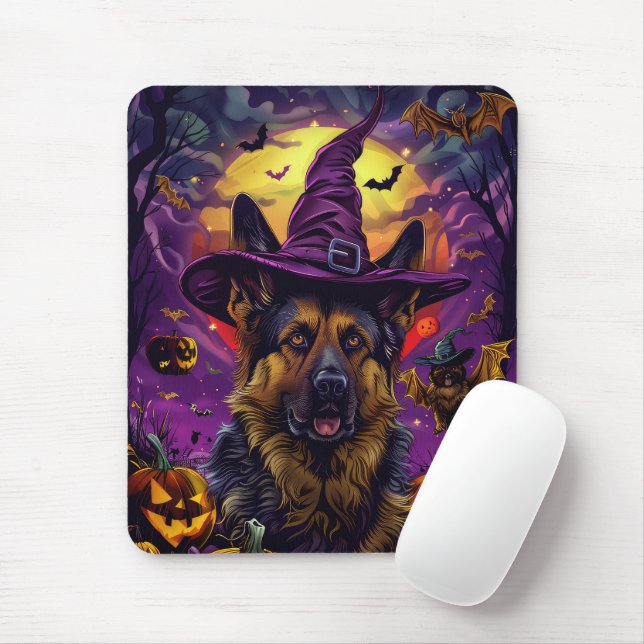 Mousepad Pumpkin de bruxa de Halloween, German shepherd ass (Com mouse)
