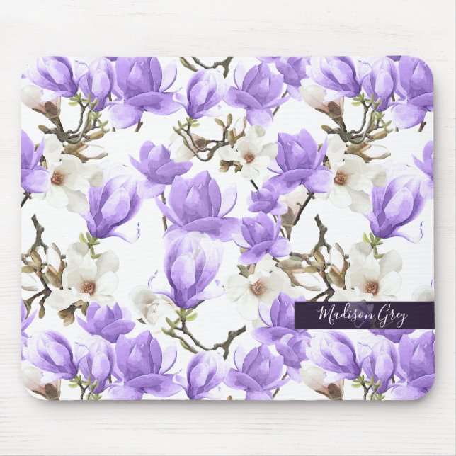 Mousepad Púrpura e Branca Magnolia Flor Padrão de Aquarela (Frente)