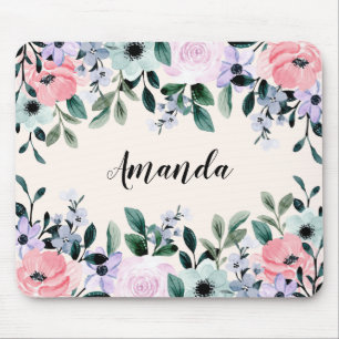 Mousepad Púrpura Rosa e Borda Floral de Cores Aquáticas V