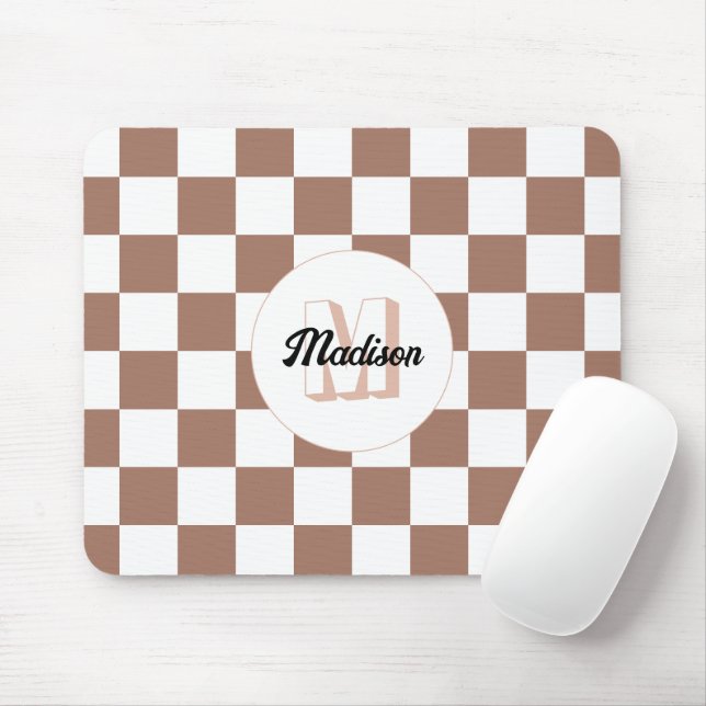 Mousepad Quadrados xadrez marrom mocha branco Monograma ret (Com mouse)