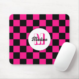 Mousepad Quadrados xadrez rosa quente preto Monograma retrô