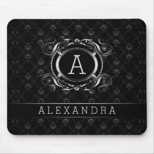 Mousepad Quadro Barroco de Cinzas Negras e Prateadas Monogr