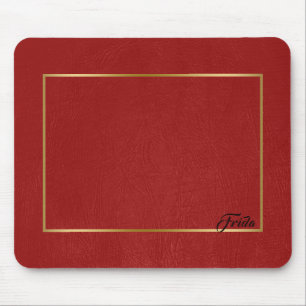 Mousepad Quadro de Borda Dourada do Couro Vermelho Faux