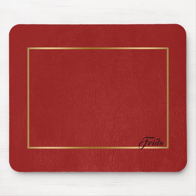 Mousepad Quadro de Borda Dourada do Couro Vermelho Faux (Frente)