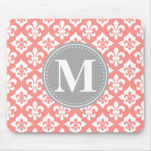 Mousepad Quatrefoil Fleur-De-Lis Cinza Cor-De-Coral Monogra