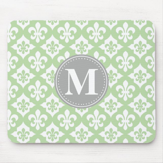 Mousepad Quatrefoil Fleur-De-Lis Mint Cinza Verde Monograma (Frente)