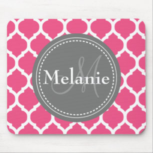 Mousepad Quatrefoil Rosa Brilhante Monograma e Cinza