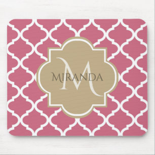 Mousepad Quatrefoil Rosa com Monograma e Nome Girly
