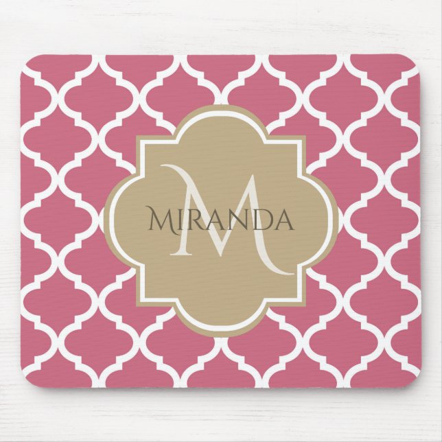 Mousepad Quatrefoil Rosa com Monograma e Nome Girly (Frente)