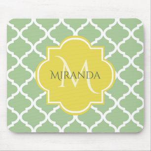 Mousepad Quatrefoil Verde Chic Pastel Nome Amarelo Monogram