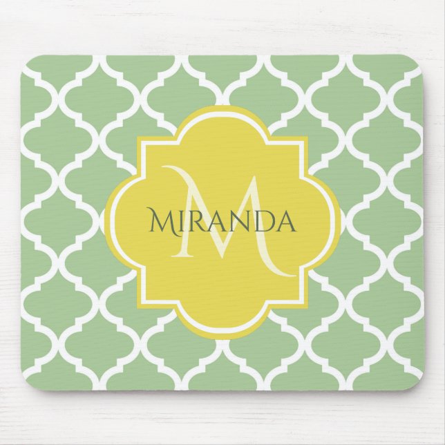 Mousepad Quatrefoil Verde Chic Pastel Nome Amarelo Monogram (Frente)