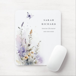 Mousepad Quic Lilac Roxo Borboleta de Flores Selvagem Aquar