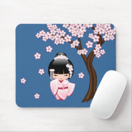 Mousepad Quimono Rosa Boneca Kawaii Kokeshi em Azul