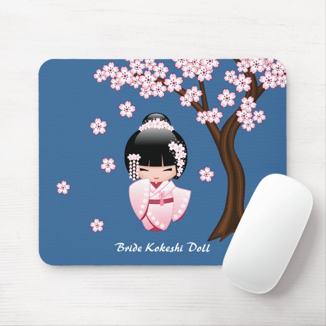 Mousepad Quimono Rosa Boneca Kawaii Kokeshi em Azul (Com mouse)