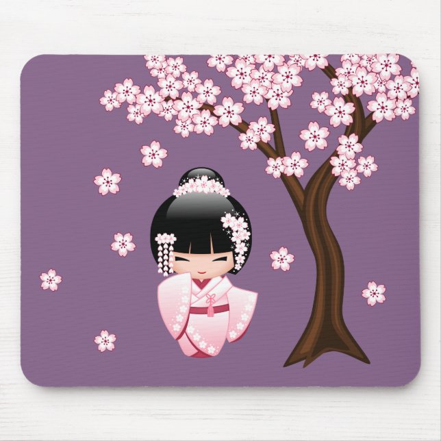 Mousepad Quimono Rosa Boneca Kokeshi Kawaii no Roxo (Frente)